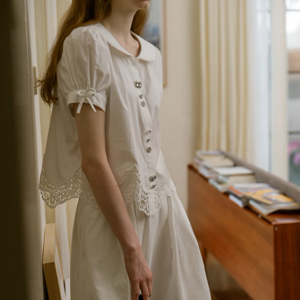 レーズヘムブラウス＆フローラルレースミモレ丈スカートセットアップ《Z00896》