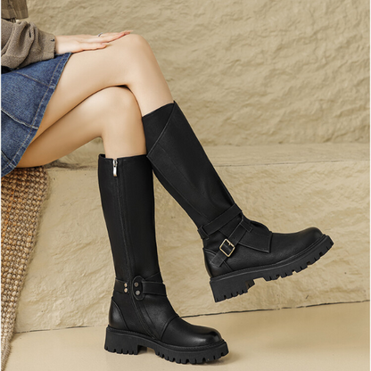 【2color】ラウンドトゥサイドジッパーロングブーツ X-468