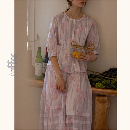 桜ピンクプリーツシャツ＆ミモレ丈ティーアドスカートセットアップ《Z00867》