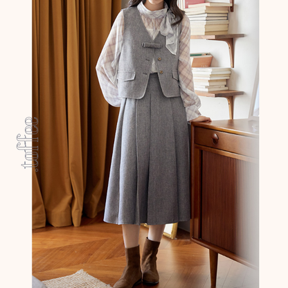 ボウタイ付きベスト＆ミモレ丈プリーツスカートのセットアップ《Z00850》