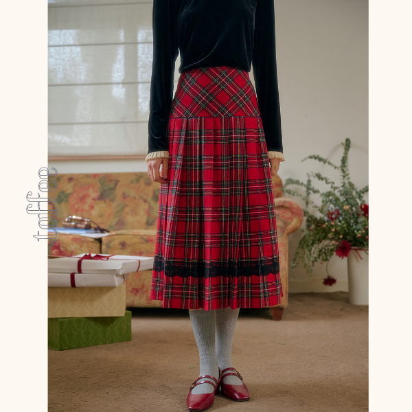 タータンチェック柄ハイウエストAラインミディスカート　 《Z00785》