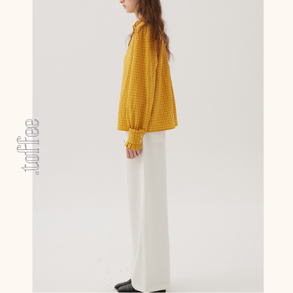 フリルネックチェック柄スリムシャツ《Z00848》