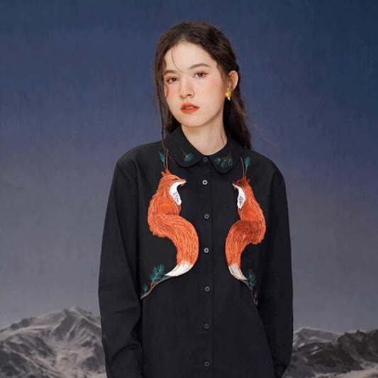 フェイクツーピースフォックス刺繍ブラウス C0105