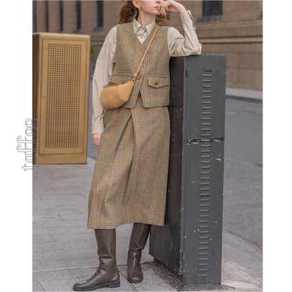 【3color】チェック柄リボン装飾ジレ＆ミモレ丈プリーツスカートセットアップ《Z00858》