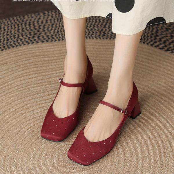 【2color】スクエアトゥチャンキーヒールドットパンプス X-536