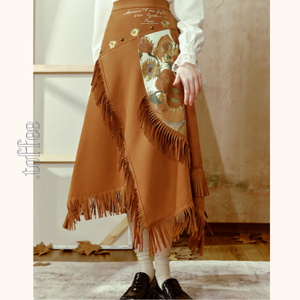 【2color】フリンジ付きアアシンメトリーロングスカート   《Z00664》