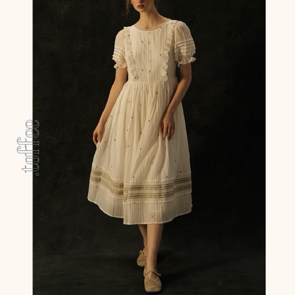 レース＆パール装飾パフスリーブワンピース《Z00985》