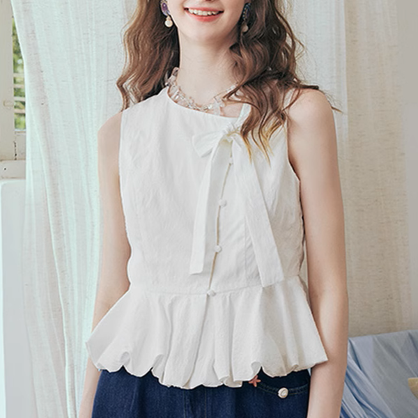 リボン装飾付きアシンメントリーペプラムトップ《Z00975》