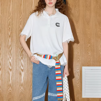 レースエッジオーバーサイズホワイトTシャツ《Z01016》