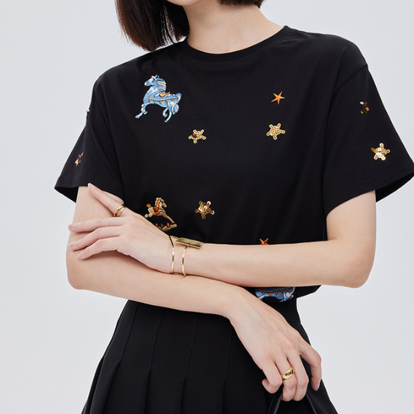 ポニーと星の刺繍入り半袖ニットトップ Z00203