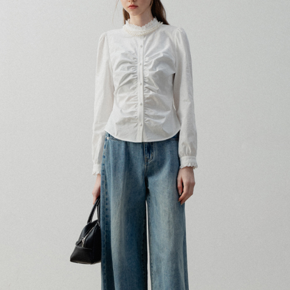 パール＆レースネックシャーリングロングスリーブシャツ　《Z00721》