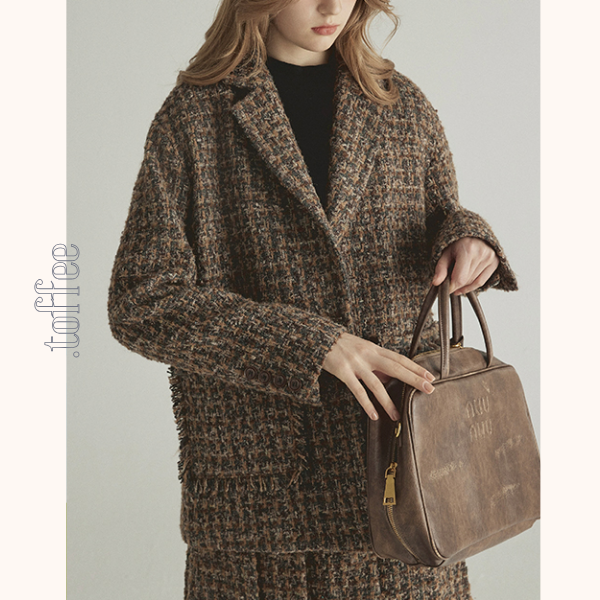 千鳥格子ツイードジャケット＆ロングプリーツスカートセットアップ　《Z00775》