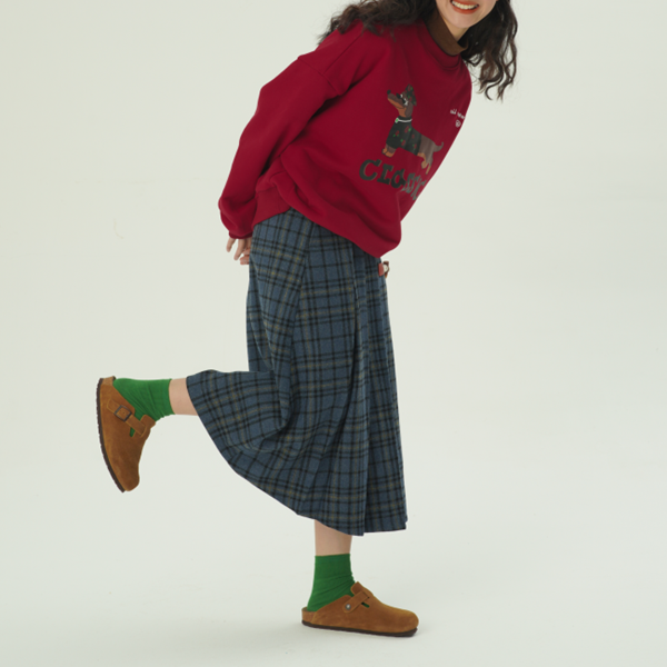 【2color】ホーンボタンチェック柄ロングスカート　Z00607