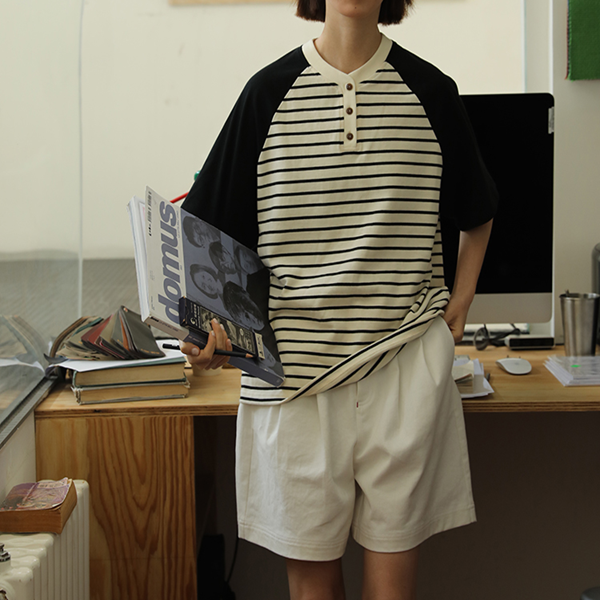 【2color】ラグランスリーブストライプTシャツ　Z00355