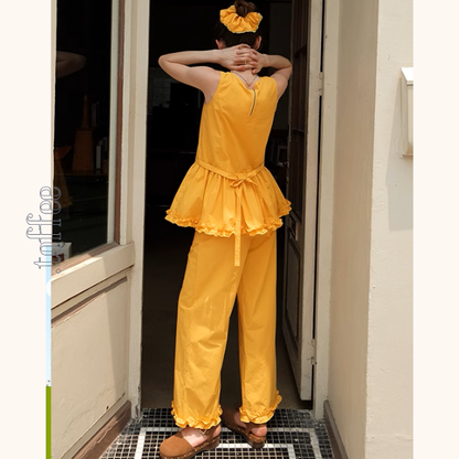 レースヘムペプラムノースリーブトップ＆ストレートパンツセットアップ 《Z00982》