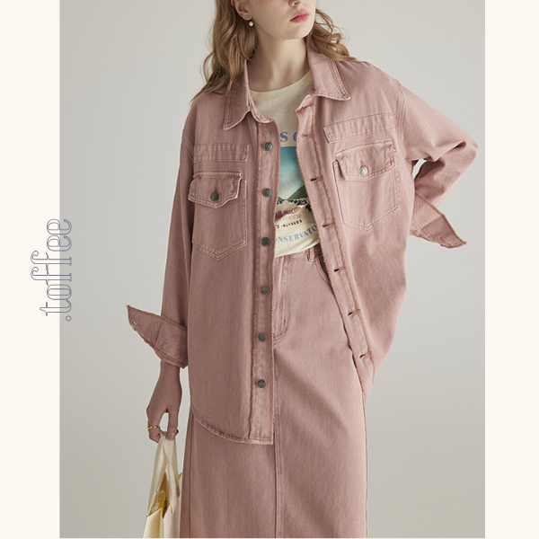 ピンクデニムジャケット＆ミモレ丈ストレートスカートセットアップ　《Z00776》