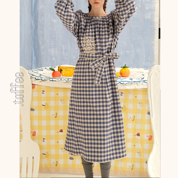 ギンガムチェックウエストリボンロングワンピース　《Z00757》