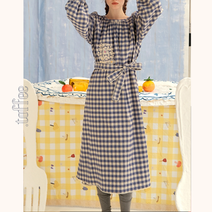 ギンガムチェックウエストリボンロングワンピース　《Z00757》