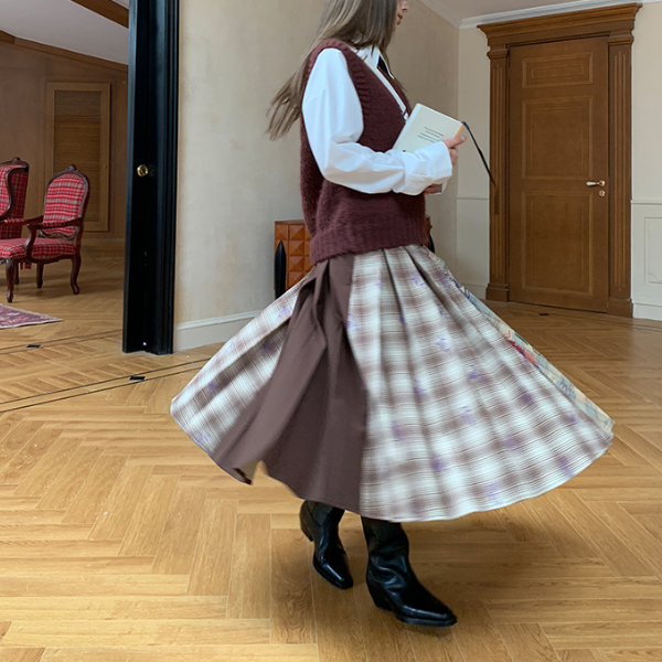 パッチワークプリーツロングスカート Z00106