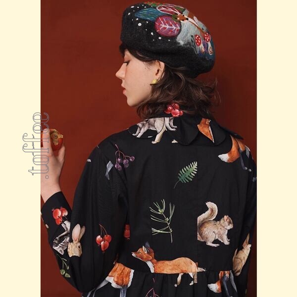 レトロエレガンス：クラシックアートのブラックシャツワンピース 《C0209》