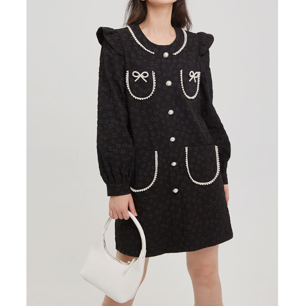 ふくれジャガードのブラックミニワンピース X-381