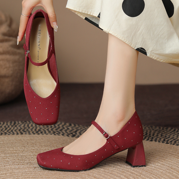 【2color】スクエアトゥチャンキーヒールドットパンプス X-536