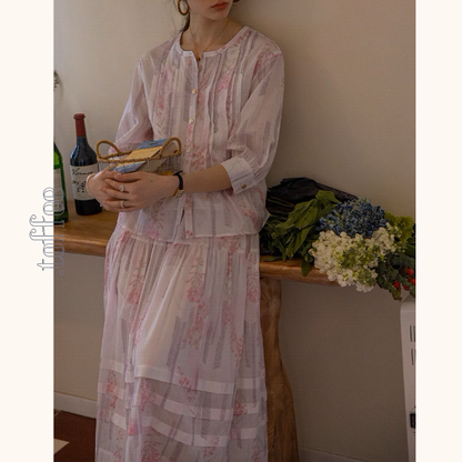 桜ピンクプリーツシャツ＆ミモレ丈ティーアドスカートセットアップ《Z00867》