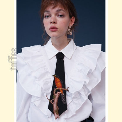 【3color】自由を纏う：手仕事の鳥刺繍タイ　C0179