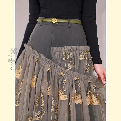 ニッチでクラシカルな植物画刺繍：フェアリーシアースカート C0163