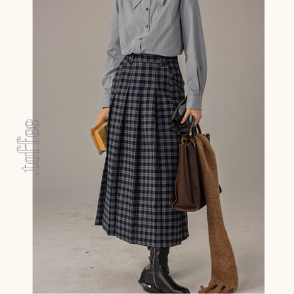 【2color】ベルトディテールチェック柄ベスト＆ロングプリーツスカートセットアップ《Z00856》