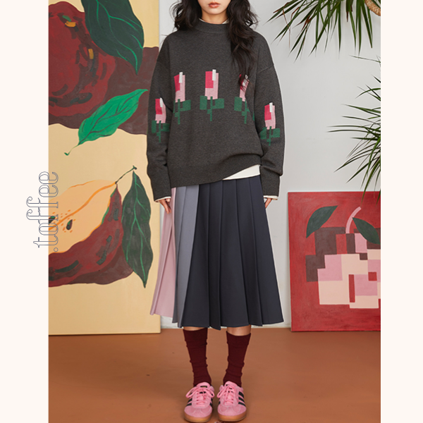 コントラストカラーミモレ丈プリーツスカート　《Z00701》