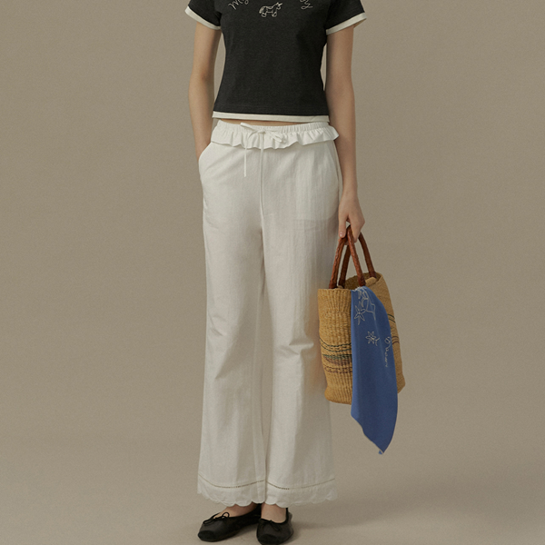 フリルウエスト＆レースヘムホワイトパンツ《Z00823》