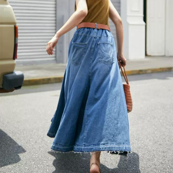 デニムミモレ丈フレアスカート w-012
