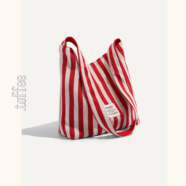 【2color】ストライプ柄×無地ロゴプリントキャンバスショルダーバッグ　《Z00803》