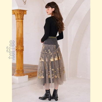 ニッチでクラシカルな植物画刺繍：フェアリーシアースカート C0163