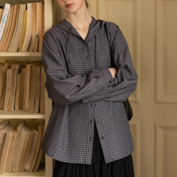 【2color】チェック柄フーディーシャツ《Z00978》