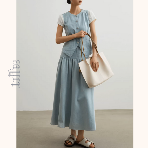 ノースリーブラウンドネックベスト＆Aラインロングスカートセットアップ《Z00954》