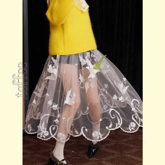 舞い踊る鳥達：幻想的レトロレース ロングスカート 《C0215》