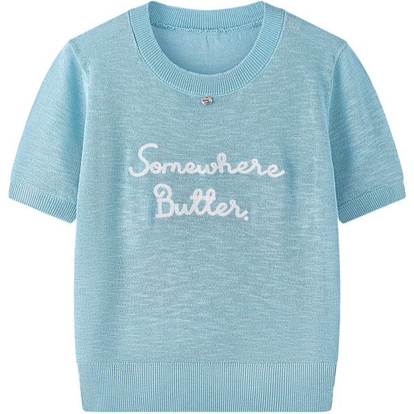 【7color】レター刺繍入りクルーネック半袖ニット　Z00393