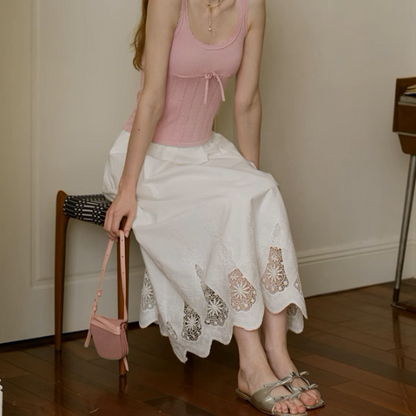 レーズヘムブラウス＆フローラルレースミモレ丈スカートセットアップ《Z00896》