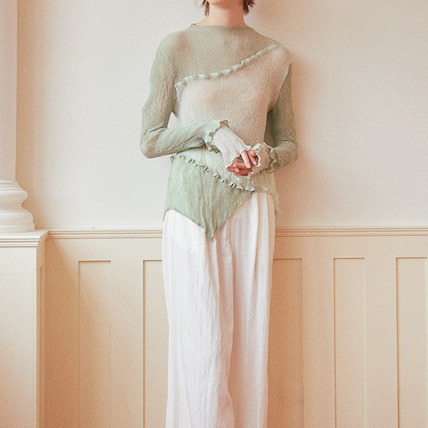 フリル付きミントグリーンシースルートップ Z00264