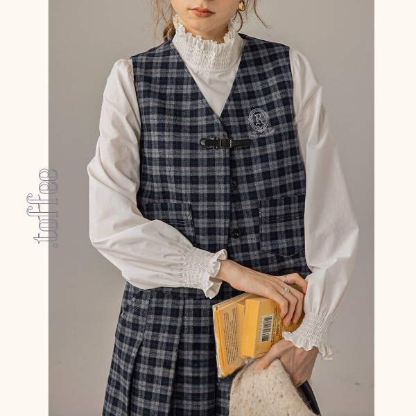 【2color】ベルトディテールチェック柄ベスト＆ロングプリーツスカートセットアップ《Z00856》