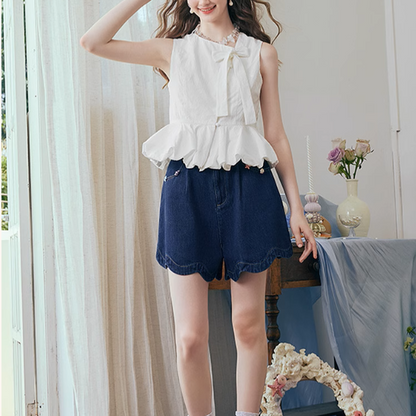 リボン装飾付きアシンメントリーペプラムトップ《Z00975》