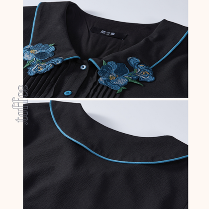 フラワー刺繍レースヘムブラックワンピース　《Z00680》