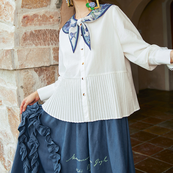 【4color】ゴッホのアートプリント入りプリーツシャツ X-516