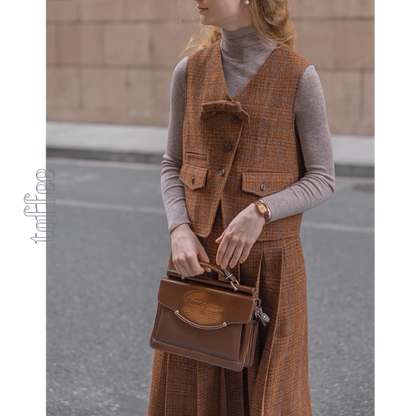 【3color】チェック柄リボン装飾ジレ＆ミモレ丈プリーツスカートセットアップ《Z00858》