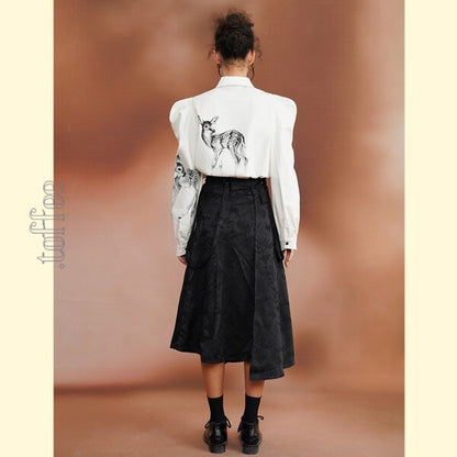 幻想的な水墨画ジャガードが織りなす：オリエンタルサスペンダースカート C0188