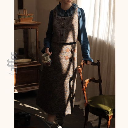 スクエアネックショートベスト＆ホーンボタン付きロングスカートセットアップ《Z00878》