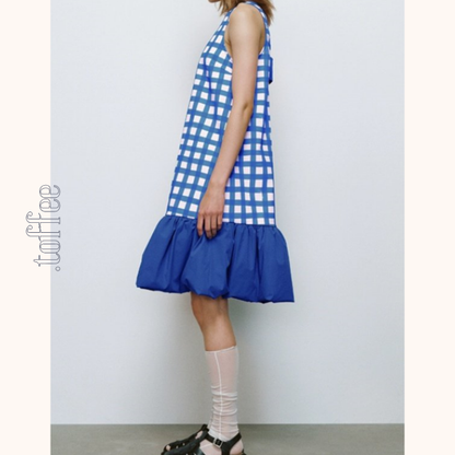 チェック切り替えバルーンワンピース　Z00412