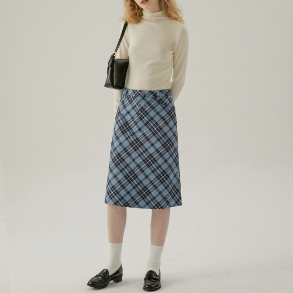 タータンチェックハイウエストミドル丈スカート X-440